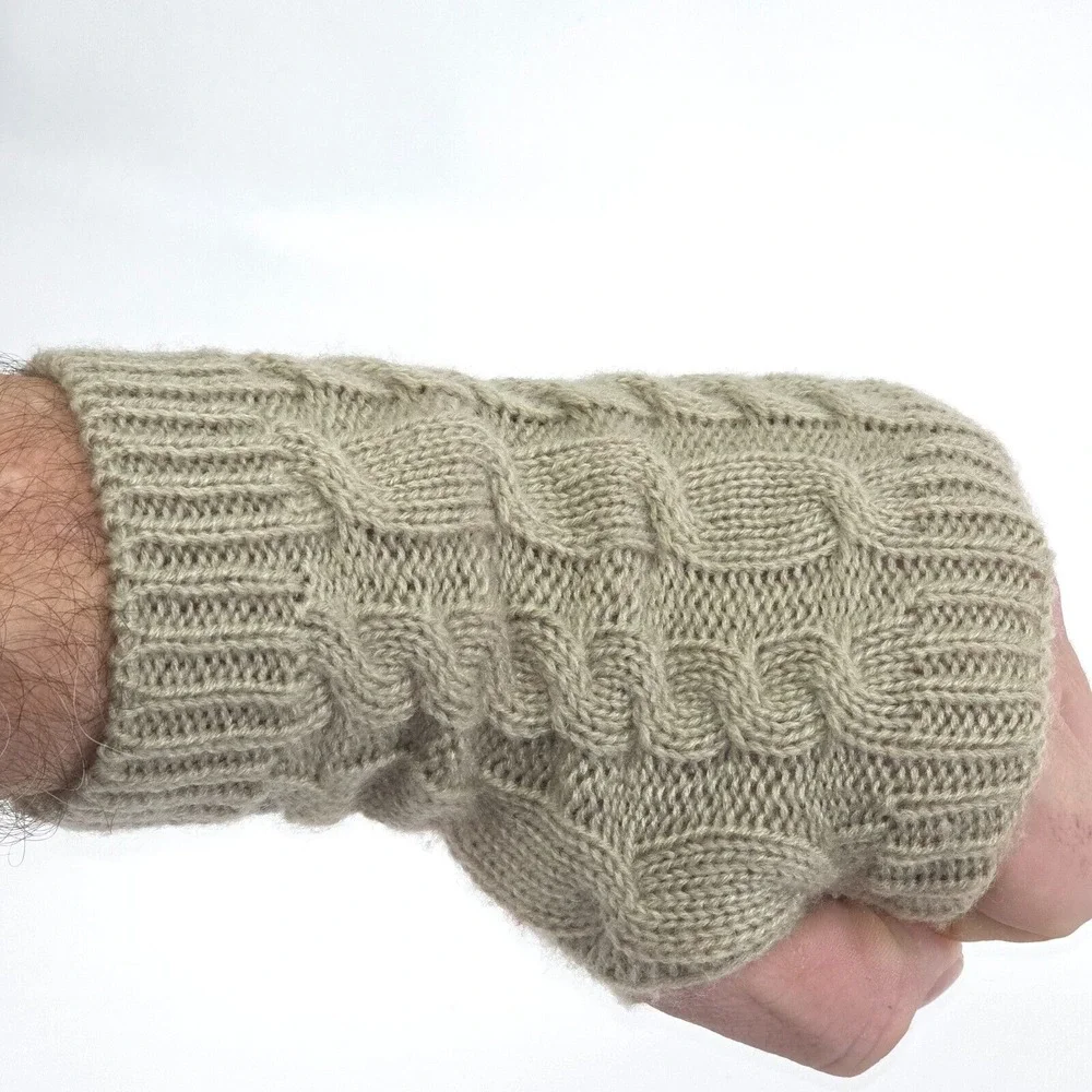 Women's Fishermans Cable Knit Fingerless Mittens Beige Gloves Winter Warm 7.5